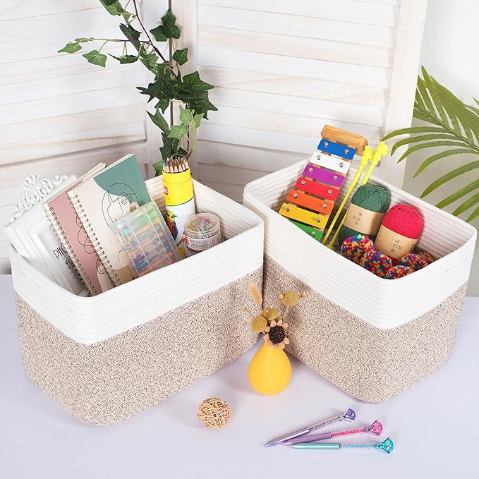 MINTWOOD Design 3-Pack Storage Baskets for Shelves, Playroom and Classroom Basket, Book Decorative Cube Bins, Woven Closet Organizers, Baby Nursery Baskets, Light Brown-Ruum Studio Home