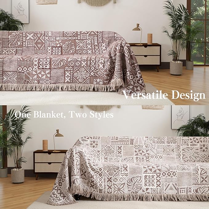 Boho Throw Blanket Twin Size, Soft Cozy Cotton Muslin Quilt Blanket for Bed Decor, Patchwork Block Couch Sofa Chair Cover, Vintage Farmhouse Cottage Tapestry Woven Blanket, Brown&White-Ruum Studio Home