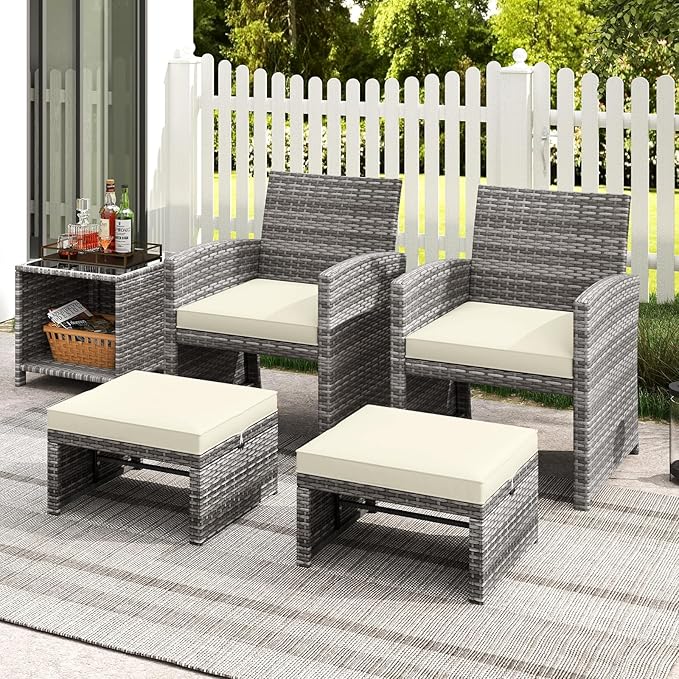 Tangkula 2 Pieces Patio PE Rattan Ottomans, Multipurpose Outdoor Footstool Footrest Additional Seating Side Table with Soft Zippered Cushions for Deck, Garden, and Yard (White)-Ruum Studio Home