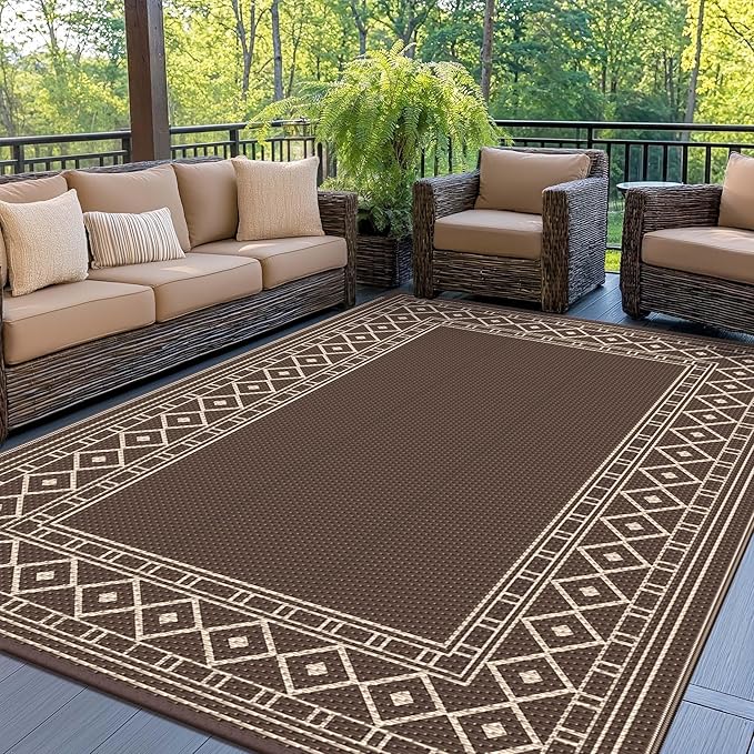GENIMO Outdoor Rug Waterproof for Patio, 9'x12' Foldable Reversible Plastic Straw Carpet for Travel Trailers, Outside Area Mat for Rv, Deck, Picnic, Porch, Camper, Balcony, Beach, Coffee & Beige-Ruum Studio Home