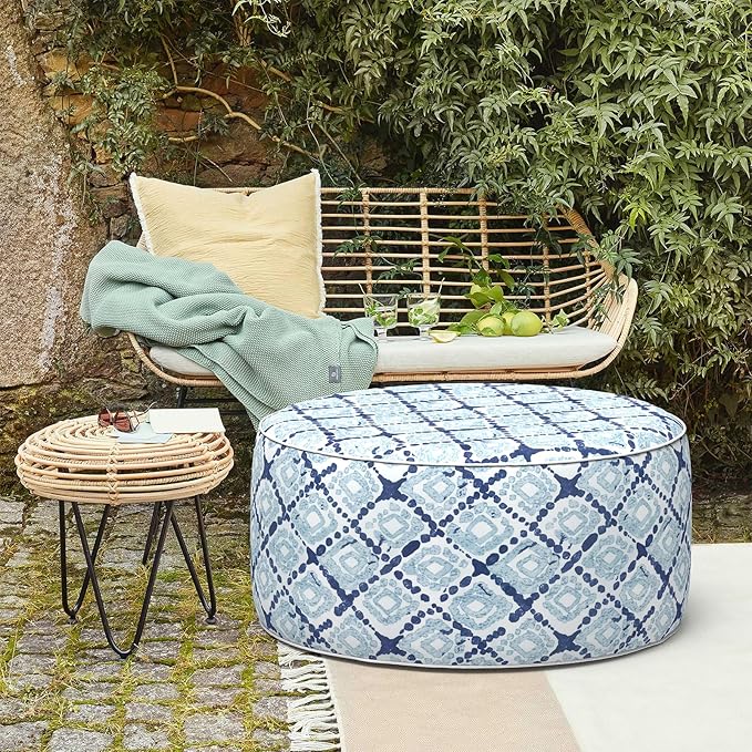LVTXIII Outdoor Inflatable Ottoman, Fade-Resistant Round Footrest Stool D31”x H14”, Portable Patio Pouf for Garden Camping or Home Use, Boho Geometry Blue-Ruum Studio Home