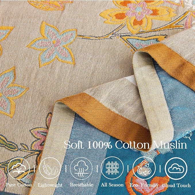 Boho Blanket, 100% Cotton Farmhouse Decorative Throw Blanket, 80"x90" Reversible Bohemian Throw Blanket, Brown All Season Muslin Breathable Woven Blankets Quilt-Ruum Studio Home