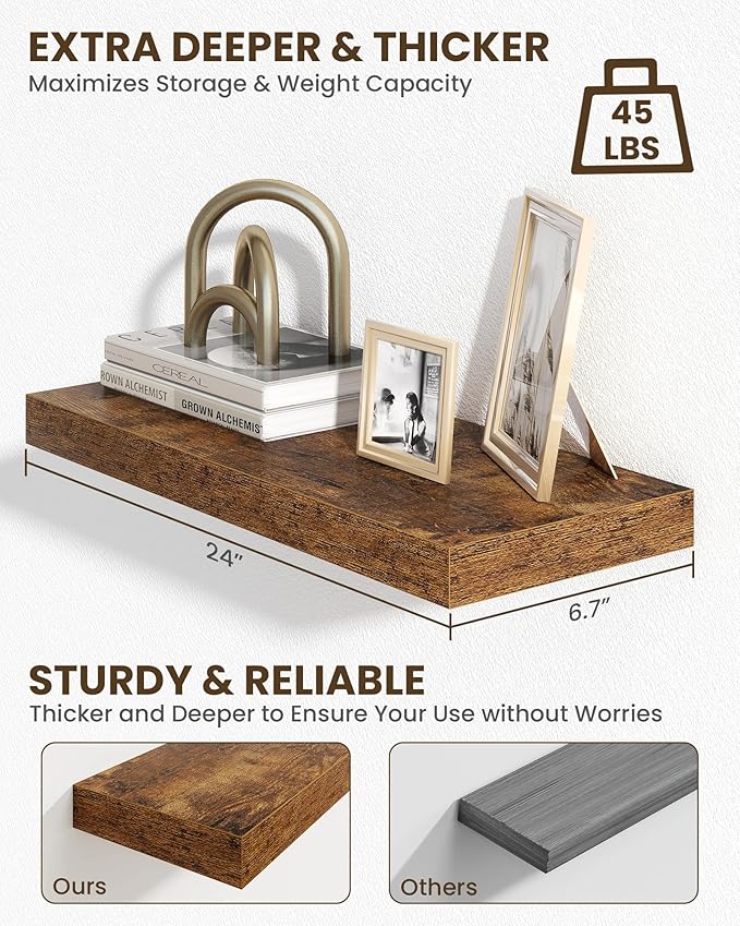 Marsmiles 24" Floating Shelves for Wall, Wooden Shelves with Invisible Brackets Set of 2, Rustic Farmhouse Wall Mounted Shelf for Kitchen Bathroom Living Room Study, Rustic Brown-Ruum Studio Home