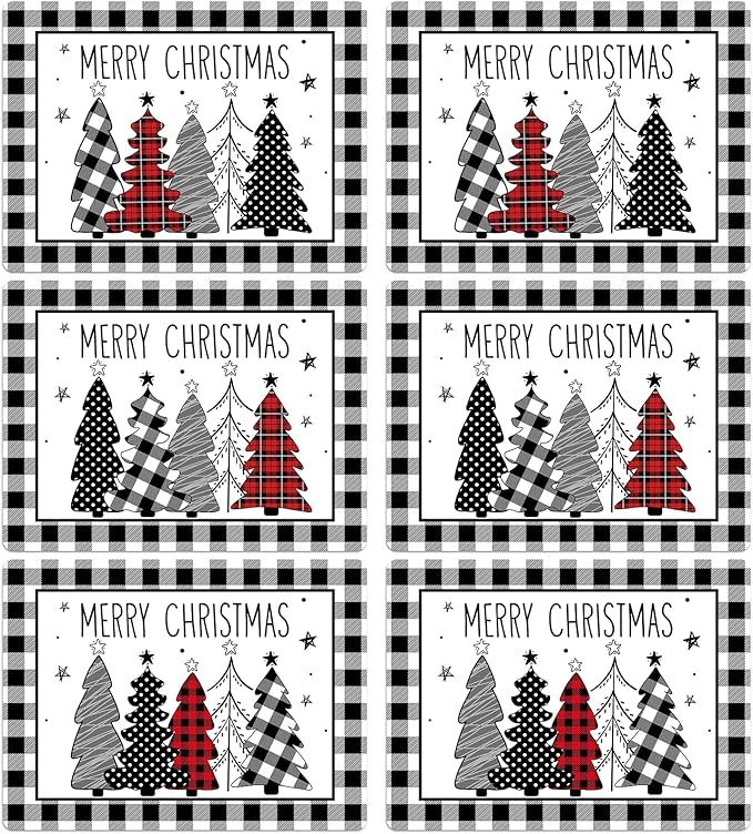 Christmas Placemats Set of 6 Christmas Tree Plastic Table Mats Xmas Trees Black and White Buffalo Plaid Place Mats Winter Holiday Table Decoration for Indoor Outdoor Party Kitchen Dining-Ruum Studio Home