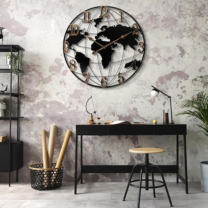 Large Wall Clock - 20 Inch World Map Minimalist Modern Round Metal Wall Clock Silent Non-Ticking Battery Operated Wall Clocks for Living Room Kitchen Office Farmhouse Home Decor-Ruum Studio Home
