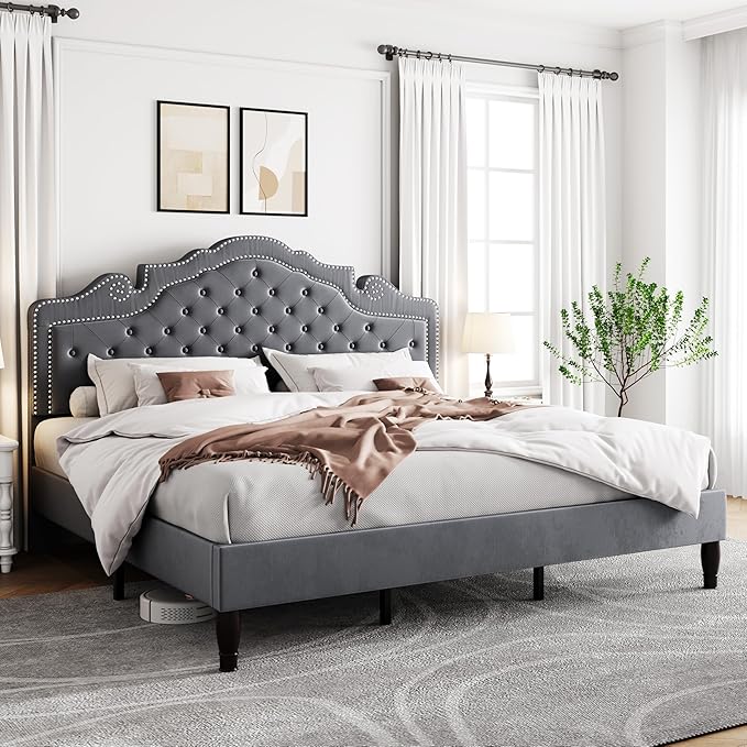 Allewie King Size Bed Frame with Adjustable Velvet Tiara Headboard, Upholstered Diamond Button Tufted Platform Bed, Wood Slats Support, No Box Spring Needed, Light Grey-Ruum Studio Home