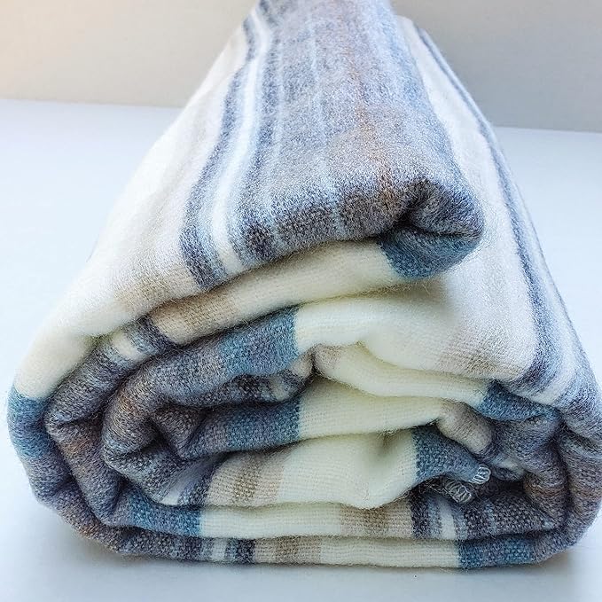 Alpaca Wool Throw Blanket | Super Soft, Lightweight, Breathable and Hypoallergenic | Non-Itchy or Scratchy (Blue White Varicolored, Queen (U.S. Standard))-Ruum Studio Home