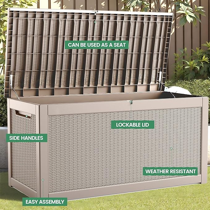 260 Gallon Storage Box, Waterproof Resin Deck Box with Steel Support & Hydraulic Rod, Lockable Storage Bench for Indoor & Outdoor Use, Storage Bin for Patio Cushions, Garden Tools, Grey-Ruum Studio Home