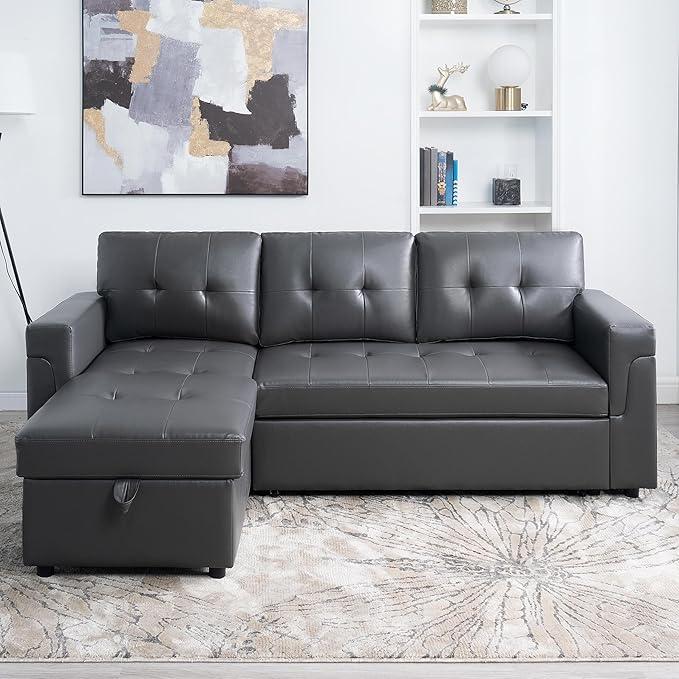 Naomi Home Transform Any Space: Sleeper Sectional Sofa with Convertible Sofa Bed & Inviting Chaise. Find Tranquil Comfort with Stress-Relieving Design & Durable Cushions - Dark Gray/Air Leather-Ruum Studio Home