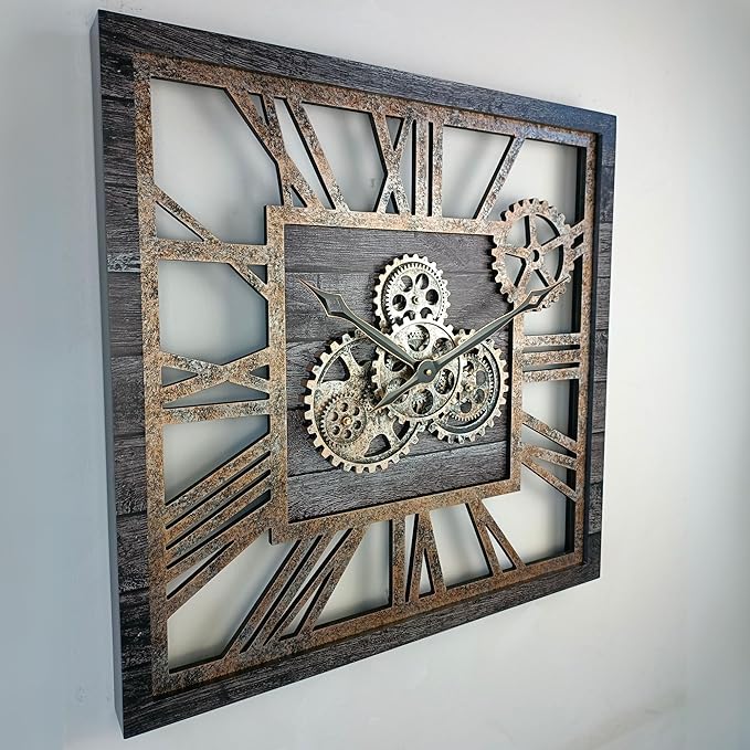The Gears Clock 24'' Inch Square Real Moving Gear Wall Clock Vintage Industrial Oversized Rustic Farmhouse (Carbon Grey)-Ruum Studio Home