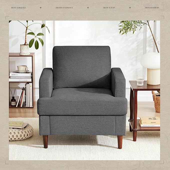 Mid-Century Accent Chair,Modern Linen Fabric Armchair for Living Room,Comfy Upholstered Reading Accent Chairs for Bedroom,Single Sofa Chair with Wood Legs (Dark Grey, 2 Pack)-Ruum Studio Home