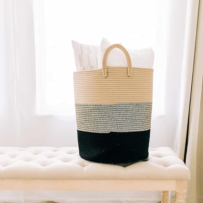 OrganiHaus Brown Woven Baskets for Storage 15x18, Boho Blanket Basket for Living Room, Toy Basket Storage for Kids, Baby Laundry Hamper, Large Storage Basket for Clothes, Basket for Blankets-Ruum Studio Home