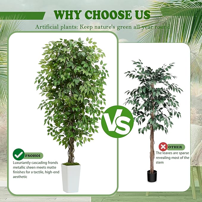 Artificial Ficus Tree 6FT Faux Plants Indoor Tall Fake Plants with White Planter, Green Lifelike Lush Fake Ficus Tree for Home Living Room Bedroom Outdoor Balcony House Office Decor-Ruum Studio Home