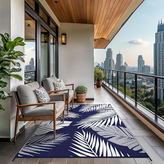 GENIMO Outdoor Rug 9' x 12' Waterproof for Patios Clearance, Reversible Outdoor Plastic Straw Camping Rug Carpet, Large Area Rugs Mats for RV, Camper, Deck, Balcony, Porch, Beach, Navy Blue&White-Ruum Studio Home