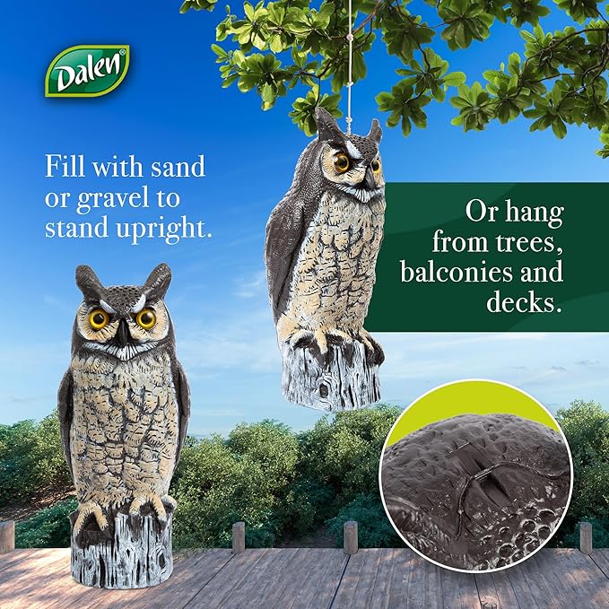 Dalen Large Fake Owl Decoy to Scare Birds Away - Garden Scarecrow Provides Natural Pest Control - 16" Tall - Great Horned Owl-Ruum Studio Home