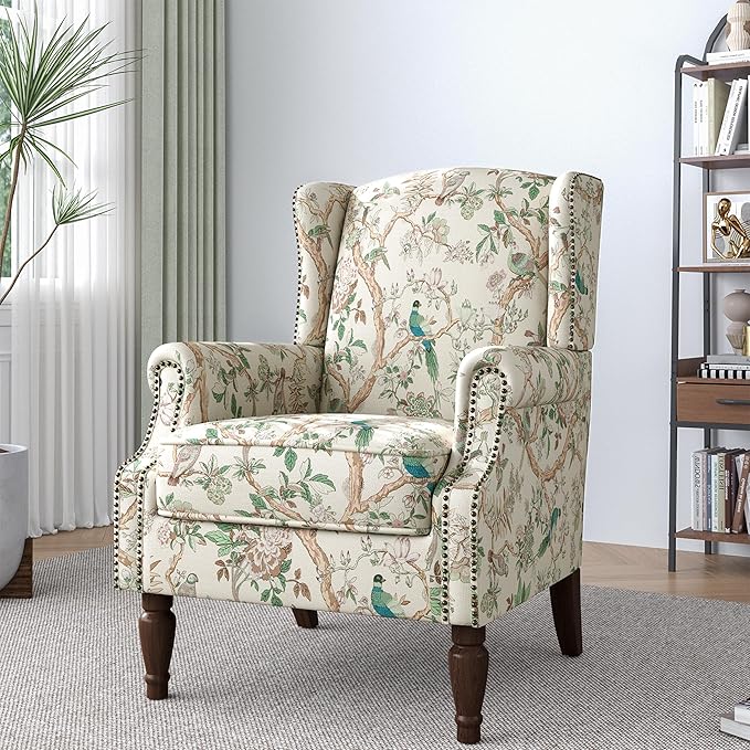 Lumibee High Back Accent Chair, Armchair in Fabric,Comfy Upholstered Wingback Single Sofa Reading Chair with Solid Wood Legs for Living Room,Bedroom,Office-Bird-Ruum Studio Home