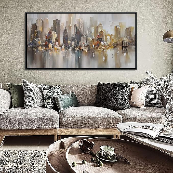 New York City Wall Art -Framed Modern Abstract Wall Art for Living Room, Office & Bedroom Cityscape & Paintings for Bedroom brooklyn bridge Pictures Wall Decor Chicago Artwork for Walls 24×48IN-Ruum Studio Home