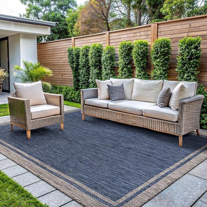 CAMILSON Indoor Outdoor Rug, 10x14 Bordered Navy Blue Gray Modern Large Area Rugs for Indoor and Outdoor Patios, Porches Waterproof Washable Porch Deck Outside Carpet (Bordered Navy, 10 x 14)-Ruum Studio Home