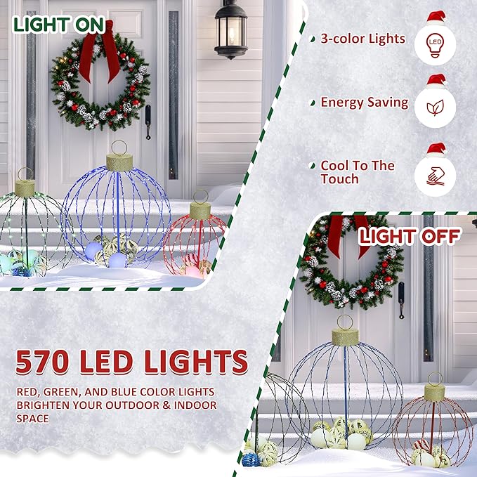 Outdoor Christmas Decorations, Set of 3 Lighted Christmas Ball Ornaments with 570 LED Lights, 6 Ground Stakes, Included 20 Small Plastic Xmas Ball Ornaments for Holiday Decor Yard-Ruum Studio Home