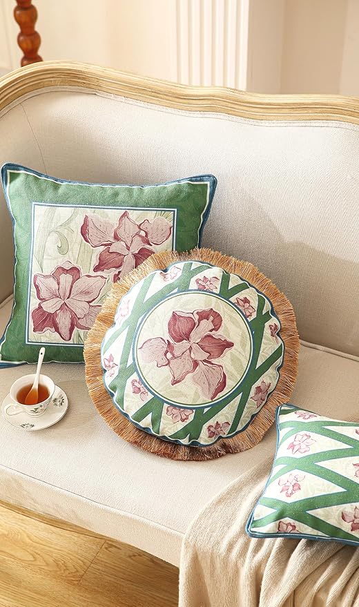 patdrea Designer Throw Pillow Covers Set of 4,French Elegant Green Linen with Iris Floral Collection Pattern Pillow Covers,Decorative Lumbar Square Round Pillowcases Cushion for Bed Living Room-Ruum Studio Home
