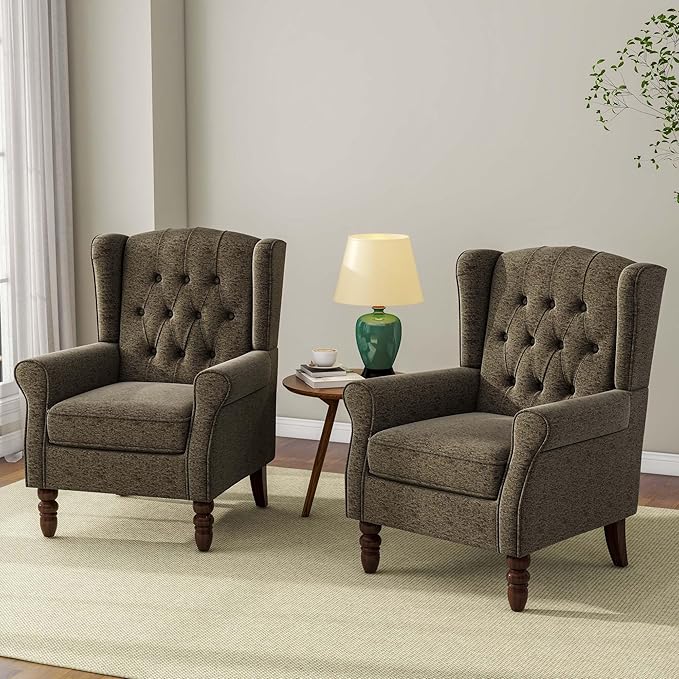 Accent Chair, Upholstered Armchair with Button Tufted High Back & Solid Wood Legs, Comfy Wingback Reading Single Sofa Chair for Small Spaces, Living Room, Bedroom (Taupe, Set of 1)-Ruum Studio Home