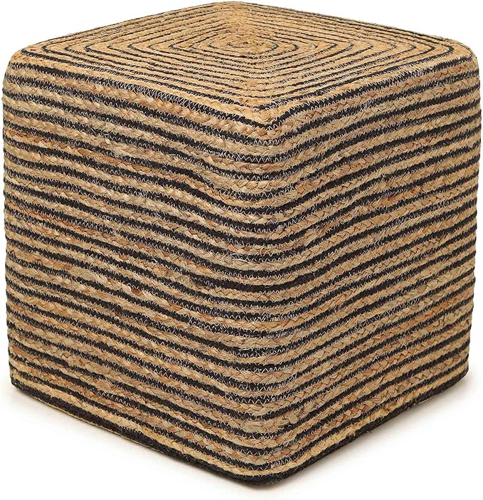 REDEARTH · Cube Pouf Foot Stool Ottoman - Jute Braided Pouffe Poof Accent Sitting Footrest for The Living Room, Bedroom, Nursery, Patio, Lounge 50% Jute 50% Cotton (14.5”x14.5”x16”; Natural Black)-Ruum Studio Home