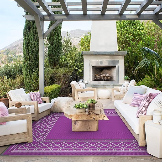 GENIMO Outdoor Rug Waterproof 6'x9' for Patio, Foldable Reversible Plastic Straw Carpet for Travel Trailers, Outside Area Mat for Rv, Deck, Picnic, Porch, Camper, Balcony, Beach, Purple & Grey-Ruum Studio Home