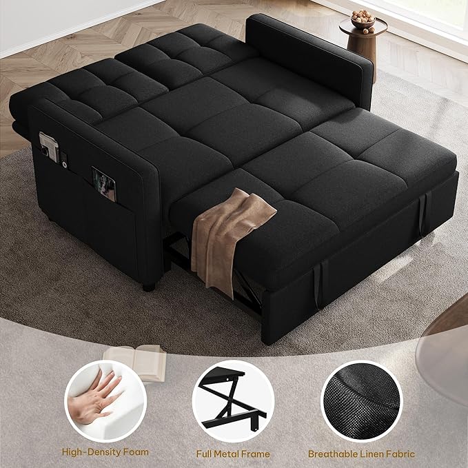 YITAHOME 55" Convertible Sofa Bed, 3-in-1 Sleeper Sofa with Iron Frame Pull-Out Bed, Linen Futon Couch with Reclining Backrest and Side Pocket, Modern Loveseat for Living Room Bedroom Apartment, Black-Ruum Studio Home