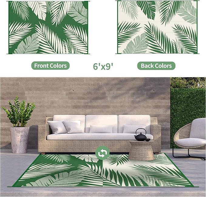 GENIMO Outdoor Rug 6' x 9' Waterproof for Patios Clearance, Reversible Outdoor Plastic Straw Camping Rug Carpet, Large Area Rugs Mats for RV, Picnic, Backyard, Deck, Balcony, Porch, Dark Green&White-Ruum Studio Home