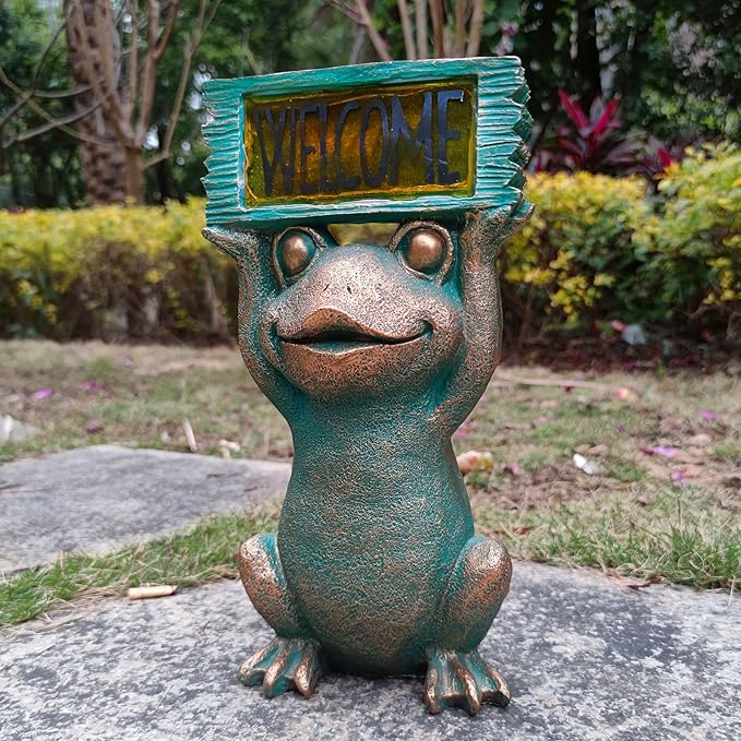 Frog Solar Welcome Garden Statues Outdoor Décor- Frog Figurines Solar LED Light Lawn Ornaments - Yard Decorations for Patio, Balcony, Backyard -Unique House Warming Gifts for Mom-Ruum Studio Home
