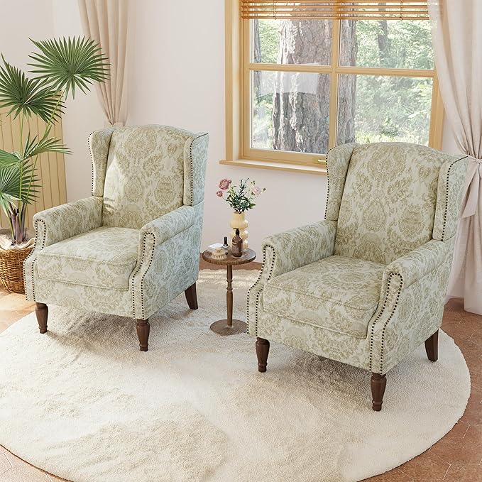 Lumibee Wingback Accent Chair, 2 Set High Back Floral Armchairs in Fabric,Comfy Upholstered Reading Single Sofa Chairs with Solid Wood Legs for Living Room,Bedroom,Office-White-Ruum Studio Home