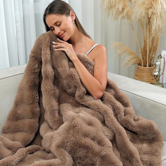 RYNGHIPY Faux Rabbit Fur Throw Blanket Ruched Plush Fuzzy Blanket for Couch Bed Sofa Heavy Warm Comfy Throws for Living Room Bedroom Machine Washable (Solid Brown, 63''x79'')-Ruum Studio Home