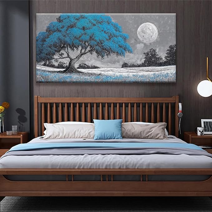 TAIJXAGSG Wall Art Blue Tree Moon Picture Canvas Art Wall Decor Artwork Abstract Canvas Print Painting Nature For Living Room Bedroom Bathroom Office Home Wall Decor 29"X 58"Can Be Hung Directly-Ruum Studio Home