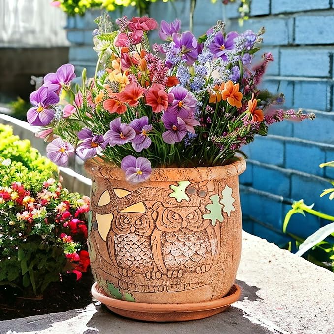 Ceramic Pot with Drainage Hole and Saucer, Plant Pots, Modern Decorative Planters for House Plants Indoor Flowers Plants, Cute Flower Pot - Gifts (Owls (1.6 L))-Ruum Studio Home