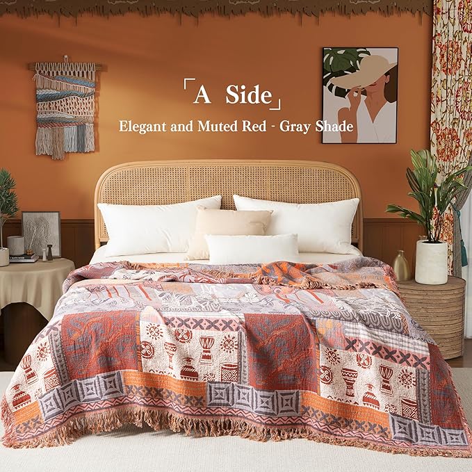 Boho Throw Blanket Twin Size, Soft Cozy Cotton Muslin Quilt Blanket for Bed Decor, Patchwork Block Couch Sofa Chair Cover, Vintage Farmhouse Cottage Tapestry Woven Blanket, Red&Orange-Ruum Studio Home
