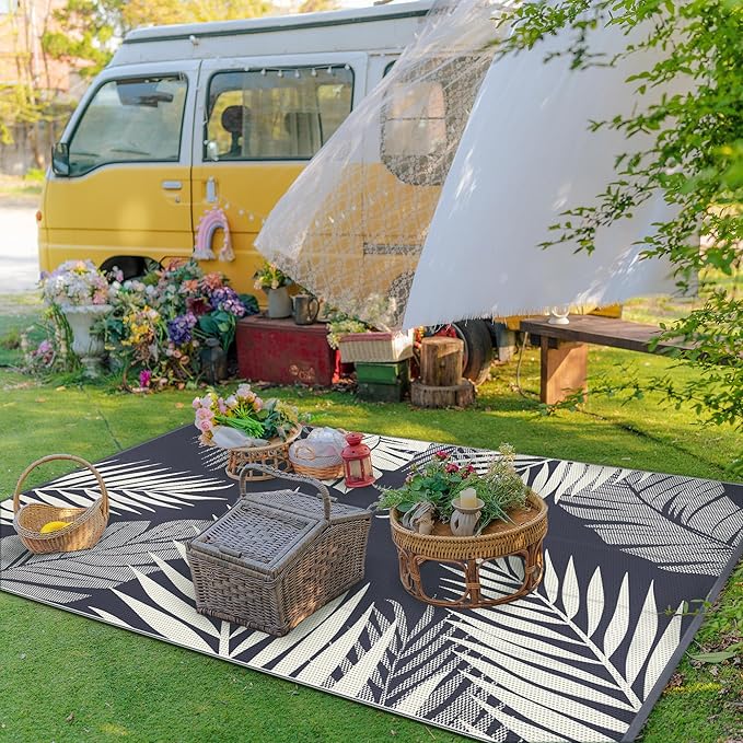 GENIMO Outdoor Rug 6' x 9' Waterproof for Patios Clearance, Reversible Plastic Straw Camping Carpet, Large Area Rugs Mats for RV, Picnic, Backyard, Deck, Balcony, Porch, Beach, Yellow&Grey-Ruum Studio Home