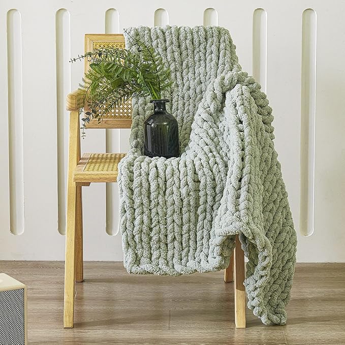 WESHIONGOO Chunky Knit Blanket Throw 40"×40" Knit Throw Blanket for Couch Bed Throw Blanket with Jumbo Chenille Yarn Thick 100% Handmade (Sage Green)-Ruum Studio Home
