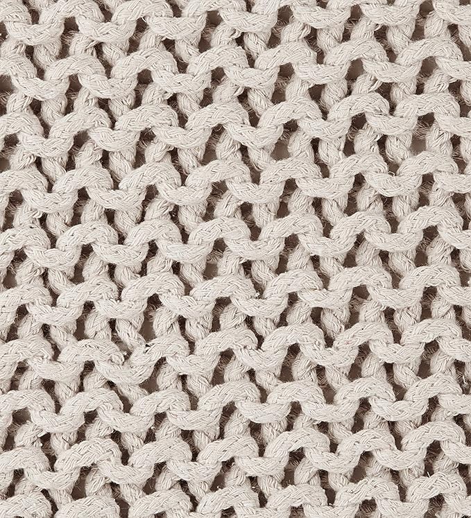 REDEARTH Square Pouf Ottoman Foot Stool - Hand Knitted Bean Bag - Cord Boho Pouffe - Accent Poof for Living Room - Nursery - Bedroom - Kids Bedroom - Patio - 100% Cotton (16" x 16" x 16") - Ivory-Ruum Studio Home