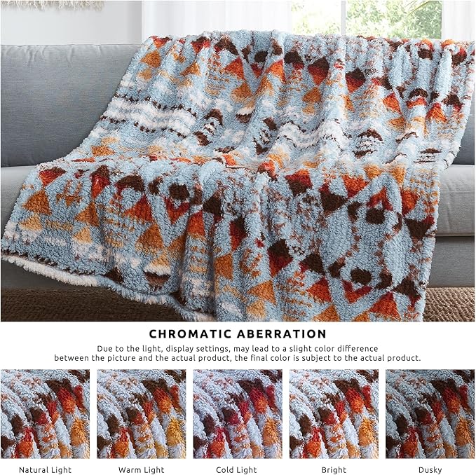 CASAAGUSTO Boho Sherpa Throw Blanket, Aztec Throw Blanket, Ultra Soft, Warm, Cozy, Plush, Thick Fleece Bohemian Blanket for Couch, Bed, Sofa (Blue Grey 50 * 60 Inch)-Ruum Studio Home