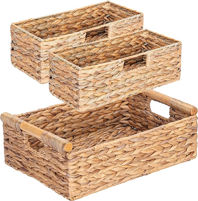 VATIMA Large Water Hyacinth Storage Baskets for Organizing with Wooden Handles for Shelves, 2 Bathroom Small Basket, Water Hyacinth Toilet Paper Baskets, Set of Natural Wicker Storage Basket for Home-Ruum Studio Home