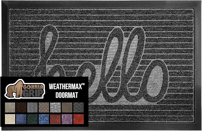 GORILLA GRIP 100% Waterproof All-Season WeatherMax Doormat, US Designed Natural Rubber, Stain and Fade Resistant, Low Profile Indoor Outdoor Door Mats, Easy Clean Patio Mat, 17x29, Charcoal Hello-Ruum Studio Home