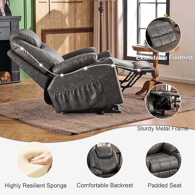 SALOHZA Power Lift Recliner Chair for Elderly with Massage and Heat for Living Room, Electric Recliner Chair for Adults with USB/Type C Port/Cup Holders, PU Faux Leather, Grey-Ruum Studio Home