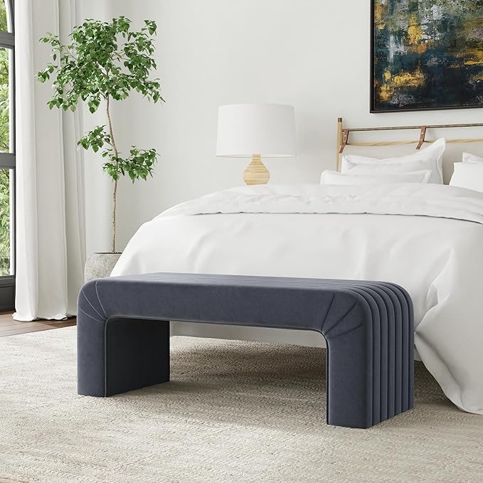 Modern Arch Channel Bedroom Bench Ottoman, 48" Entryway Bench and Shoe Rack, Soft Cushion Bench for Bedroom End of Bed, Ottoman Bench for Living Room, Bedroom, Entryway (Beach Blue Velvet)-Ruum Studio Home