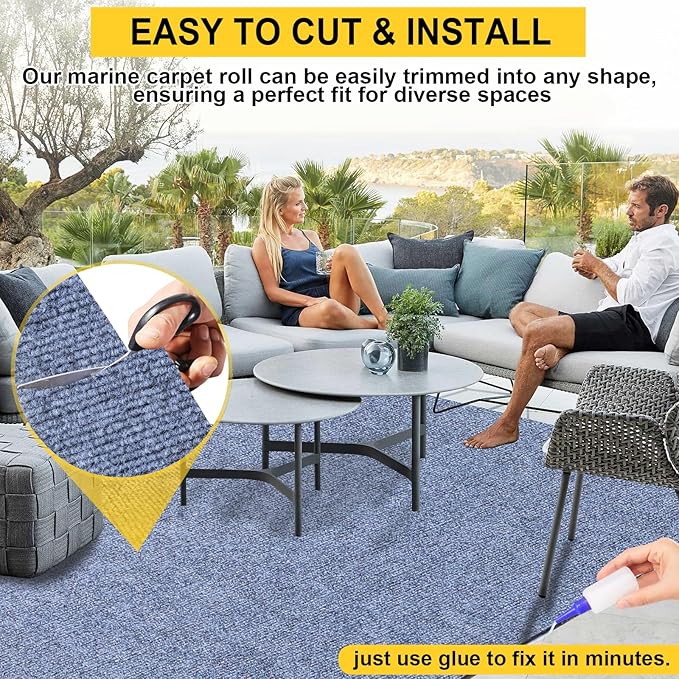 Marine Carpet,6 FT x 14 FT Blue-Gray Indoor Outdoor Carpet 0.2" Thick Boat Carpet with Water-Proof TPE Backing, Non-Slide Outdoor Marine Carpet Roll for Home, Patio, Porch, Deck-Ruum Studio Home