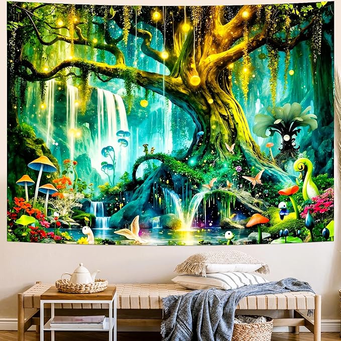 Delur Magical Forest Tapestry Fantasy Tree of Life Enchanted Fairy Tale Forest Tapestry Mystical Psychedelic Nature Landscape Wall Hanging Headboard for Bedroom Living Room Home Decor (70.8" x 92.5")-Ruum Studio Home