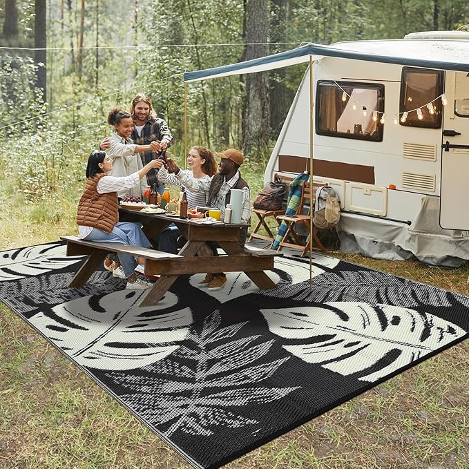 GAOMON Waterproof Plastic Straw Rug 9x12 Outdoor Rug for Patio, Reversible Modern Camping Mat with Bag & Stakes, UV Resistant & Easy to Clean Outdoor Carpet for RV, Deck, Balcony, Beige-Ruum Studio Home