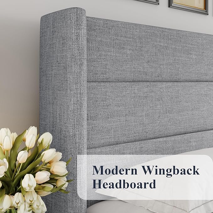 Allewie Full Size Lift Up Storage Bed, Modern Wingback Headboard, Hydraulic Support, No Box Spring Needed, Light Grey-Ruum Studio Home