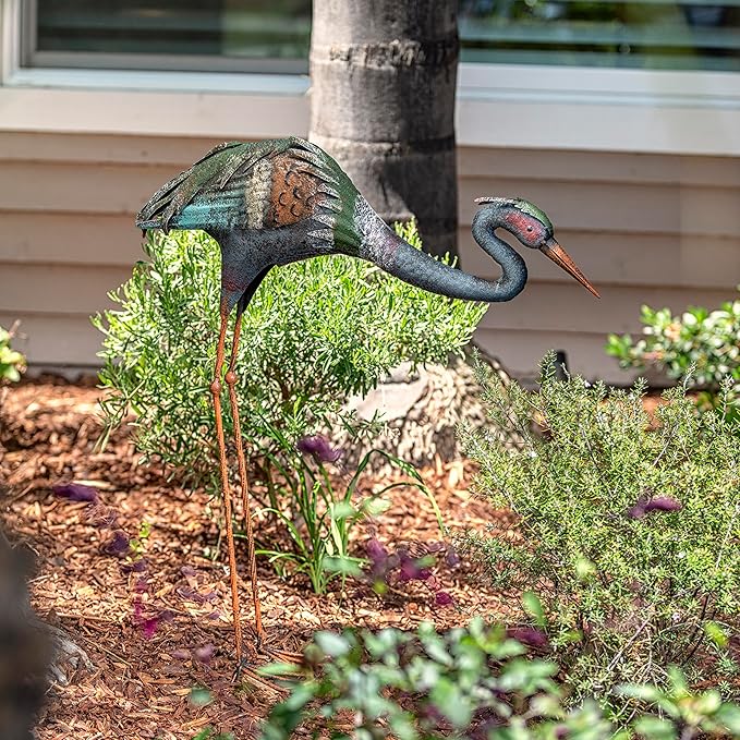 Alpine Corporation 30" Tall Outdoor Rustic Metal Bowing Crane Statue Yard Art Decoration-Ruum Studio Home