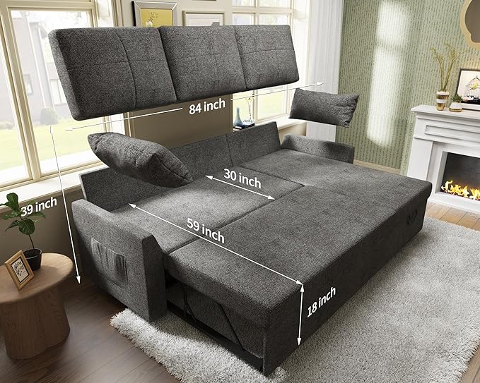 VanAcc Sleeper Sofa, Sofa Bed- 2 in 1 Pull Out Couch Bed with Storage Chaise, Sleeper Couch for Living Room, Grey Linen-Ruum Studio Home