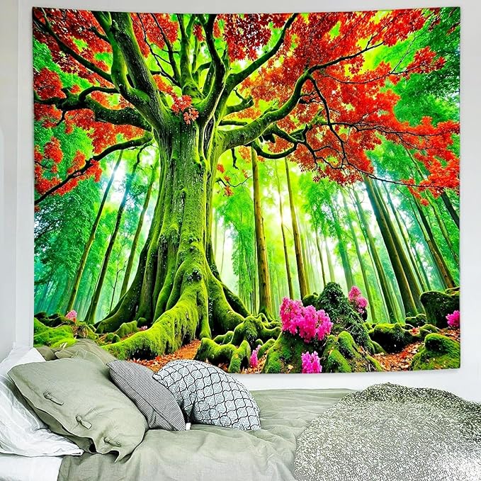 Delur Forest Tapestry Tree of Life Green Landscape Rainforest Wall Hanging Tapestry Colorful Mystical Nature Spiritual Psychedelic Headboard for Bedroom Living Room Home Decor (59.1" x 78.7")-Ruum Studio Home